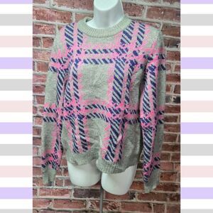Jun & Ivy Plaid Knit Sweater – Women’s Size Medium – Gray & Pink – Crew Neck